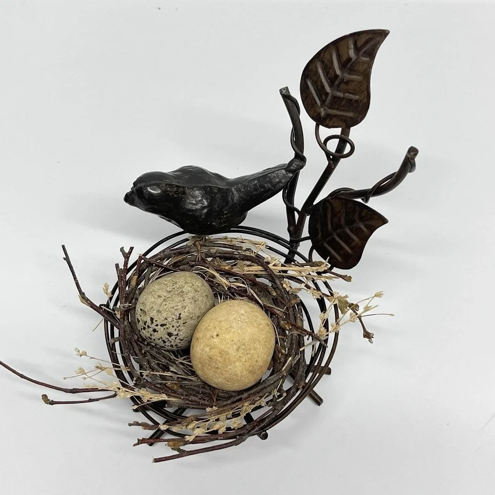 Vintage Decorative Bird Nest Sitter Solid Metal, Twigs & Real Rock Eggs Rustic